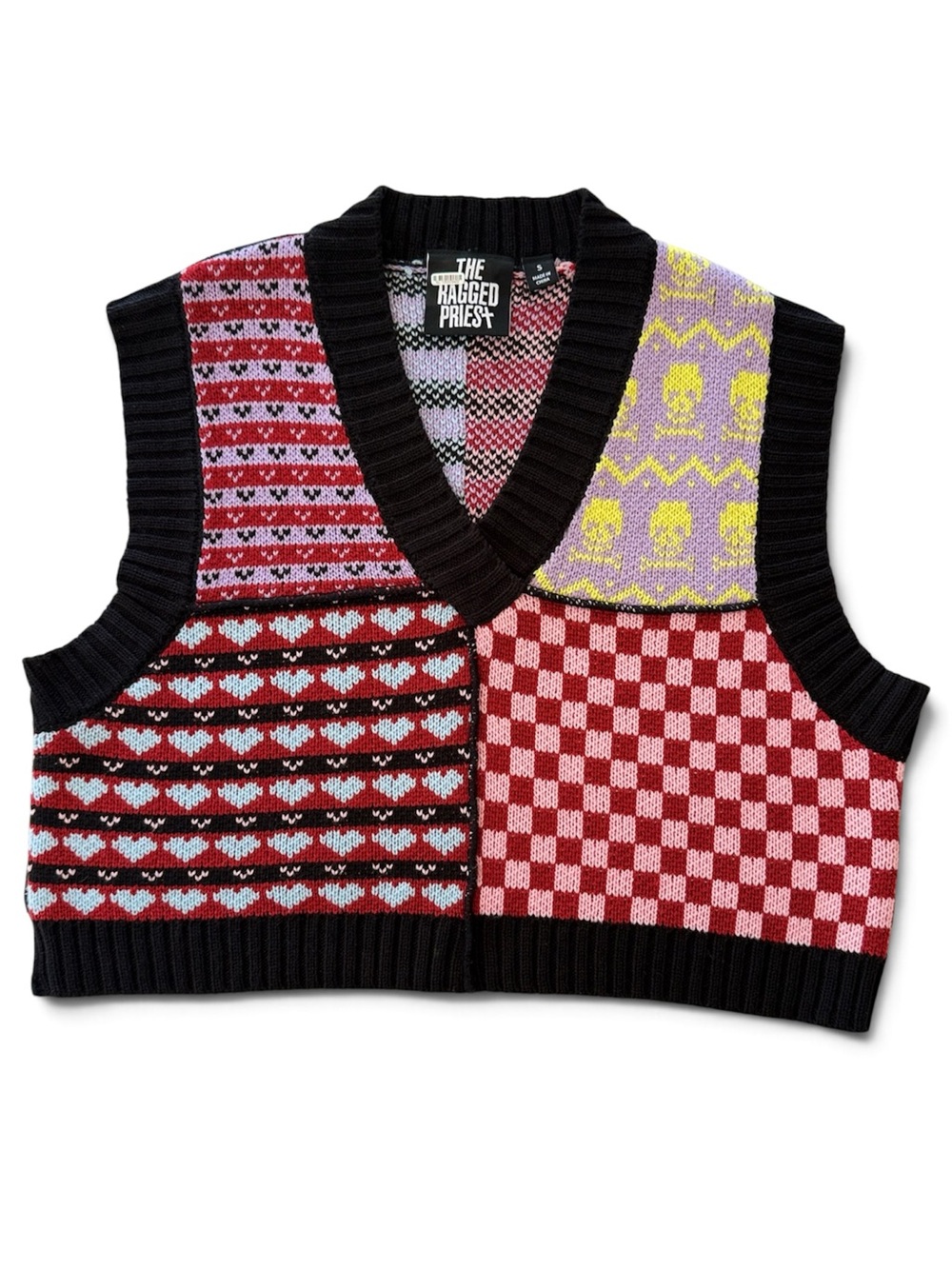 The Ragged Priest Patchwork Knit Sweater Vest Skull Heart Checker Y2K Small